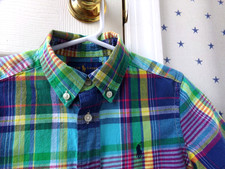 Boys RALPH LAUREN Madras Shirt Size 5 Plaid Blue Green Button Up Cotton 55