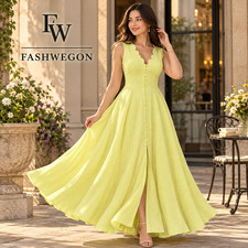 FASHWEGON Women’s Lemon Yellow Maxi Dress Scalloped Neckline Sleeveless Gown