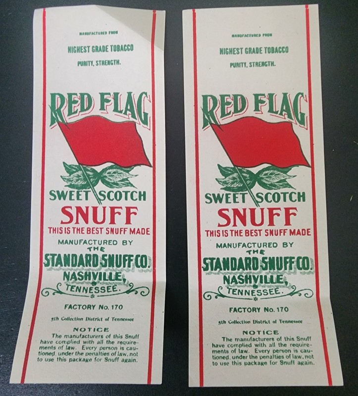 2 Vintage Paper Labels For "Red Flag" Sweet Scotch Snuff