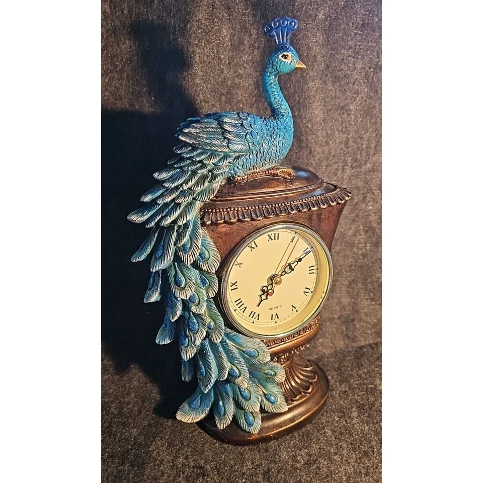 Peacock Clock European Style Creative Desk Clock Resin Quartz Works 14 Inches - Image 2 of 4