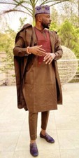 Brown and Burgundy Agbada Babariga 3 Pieces Men Groom Suit African Clothing Men