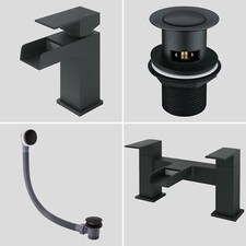 Bath Basin Black Tap Waterfall Mono Mixer Square Modern Faucet + Plug & Waste
