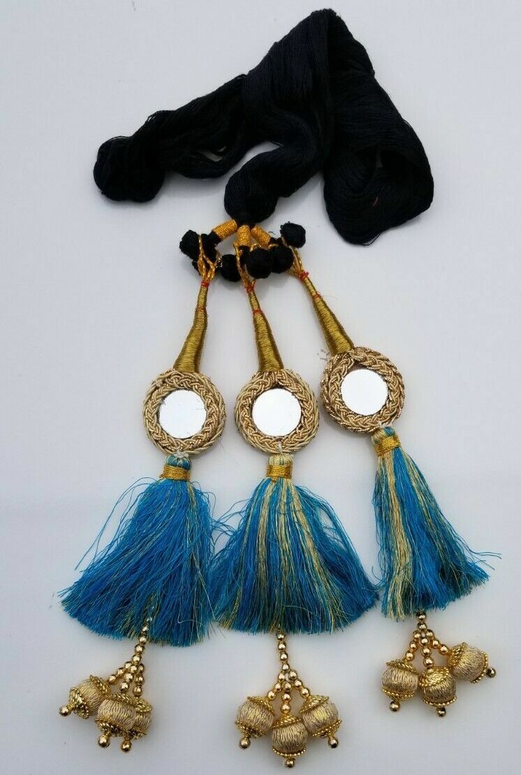 Handmade Paranda Hair Extension with Mirror Golden Ball Tassels PRAAJKA Traditional Paranda Hair Braid Tassels with Mirror  main image 4