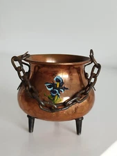 Vintage copper hammered cauldron with a chain and footer Copper Pot