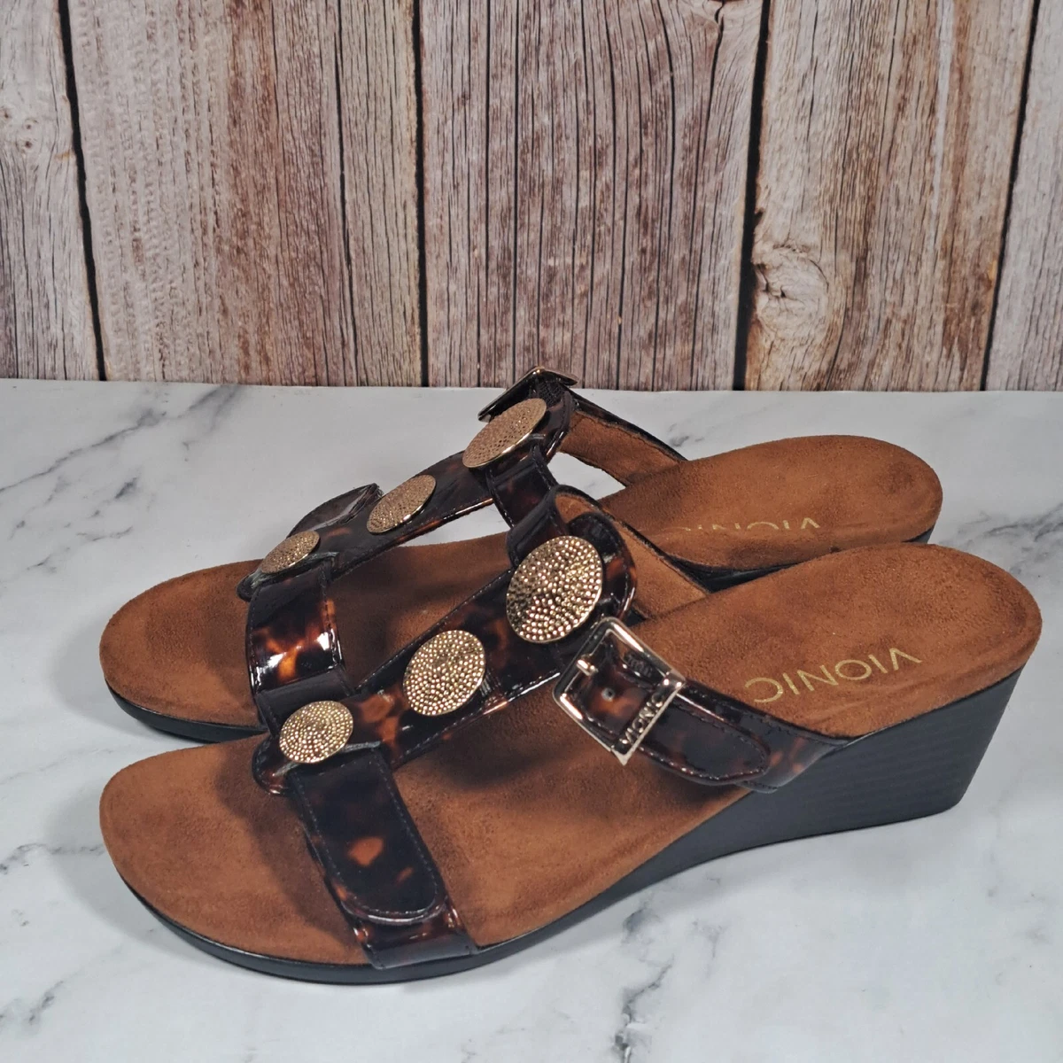 Vionic Cleona Tortoise Shell Embellished Wedge Sandals Women s