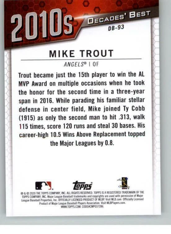 2020 Topps Decades' Best #DB93 Mike Trout (ref 133065) - Image 2 of 2