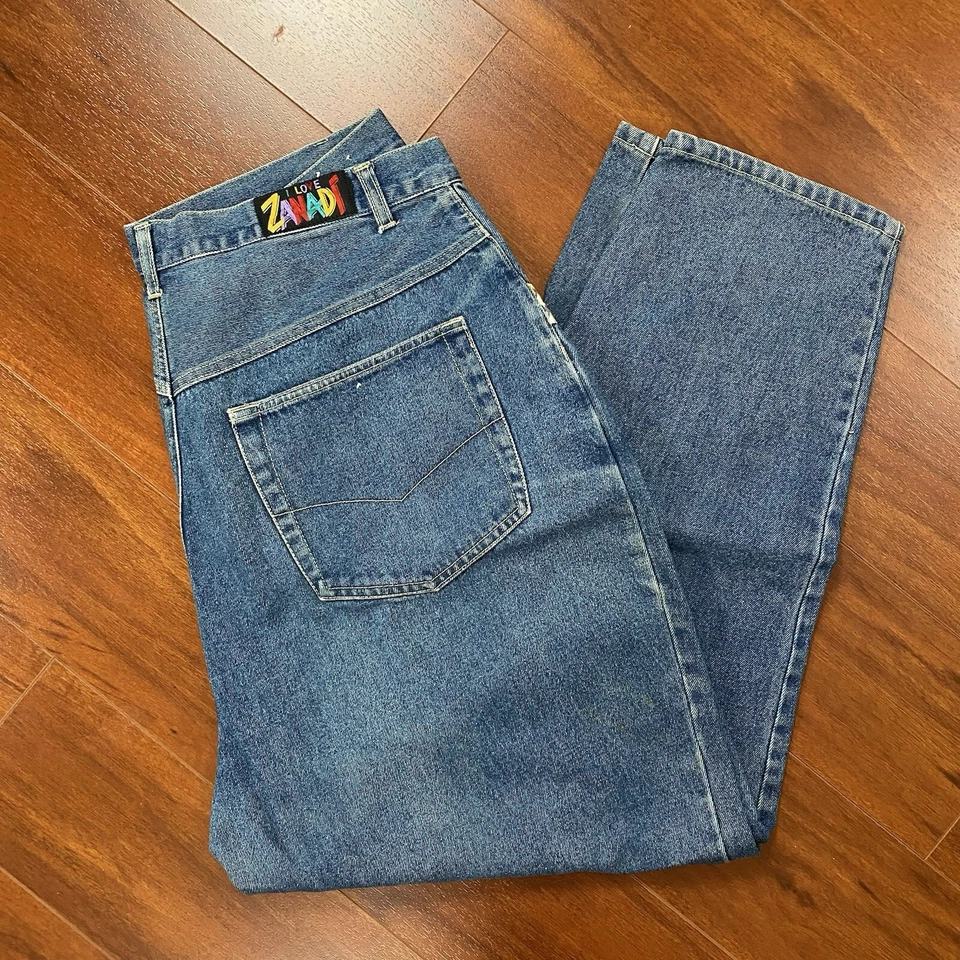 Pantalones de mezclilla para mujer I Love Zana Di de los 90 con retazos de cuero y puntada talla 34x30 Foto 3 de 4