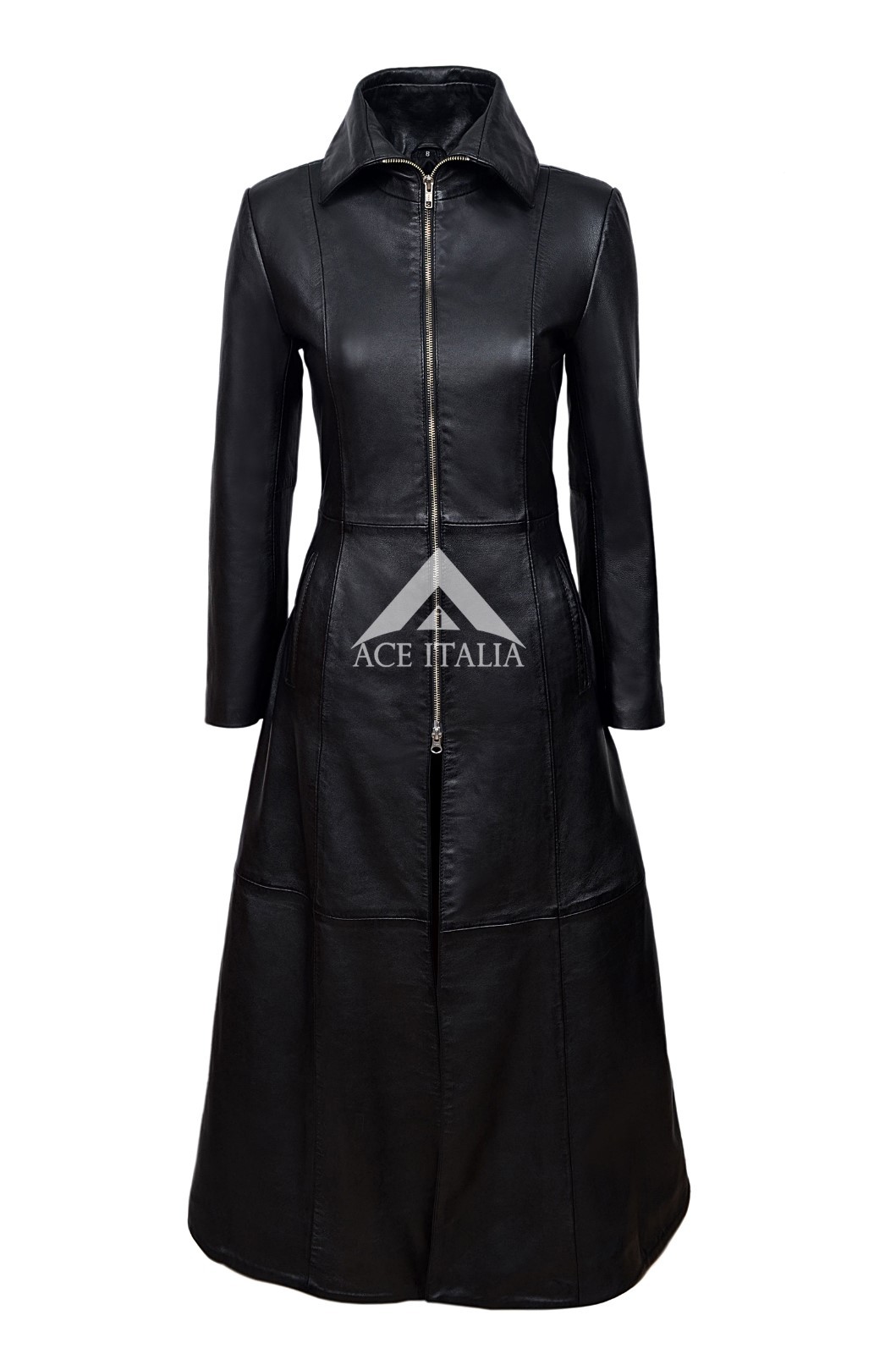 ALTRA Cappotto Donna Vampiro Nero Goto Rosso Fodera Pelle Lunghezza Intera Gonna