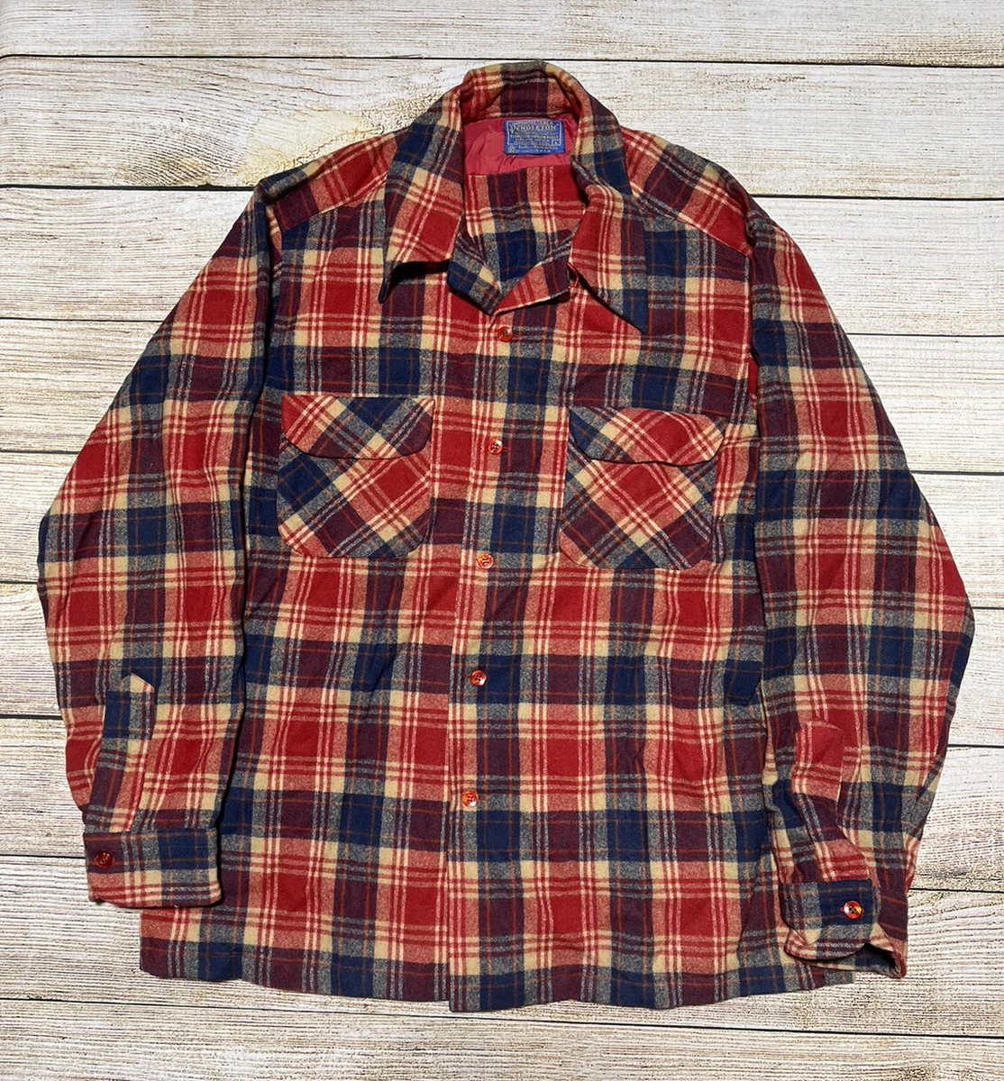 Vintage 60’s Pendleton Red Plaid Wool Loop Collar Flap Pocket Board Shirt Large