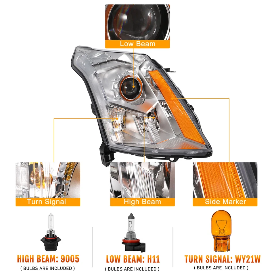 Faros proyectores halógenos cromados aptos para Cadillac SRX 2010-2016 con par de bombillas Foto 3 de 4