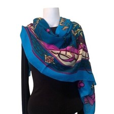Equestrian Baroque Print Oversized Square Scarf Teal Blue Pink Belt Chain Tassel