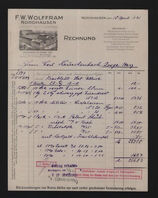 NORDHAUSEN, Rechnung 1921, F. W. Wolffram Eisendraht Stiefeleisen Schuhnägel