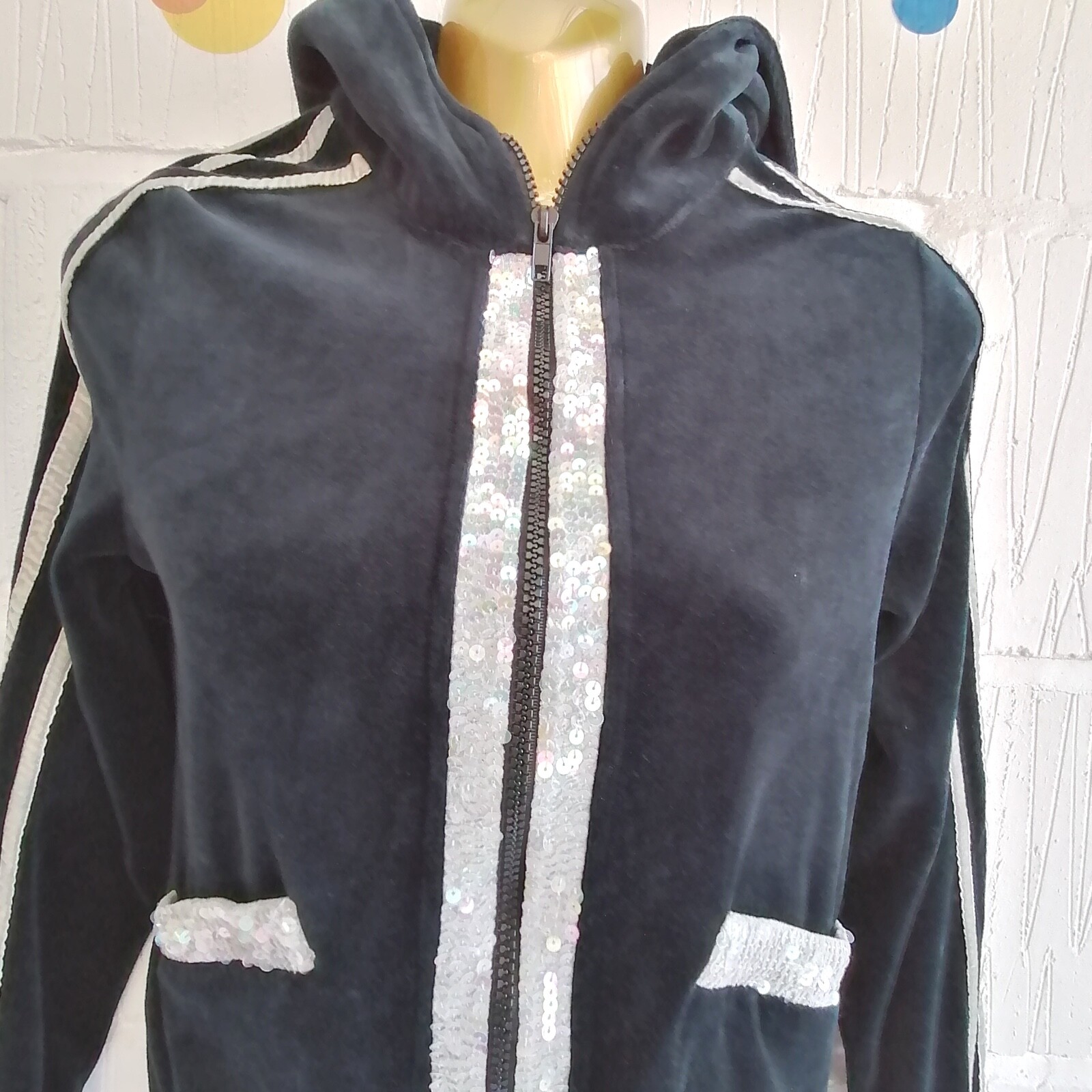 🖤Anna Rose Size 8 Retro Y2K 00s Black Velvet Velour Sequin Full Zip Hoodie