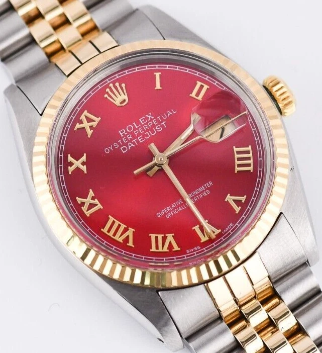 Rolex Datejust 16013 esfera roja número romano 36 mm reloj oro 18 quilates/acero jubileo