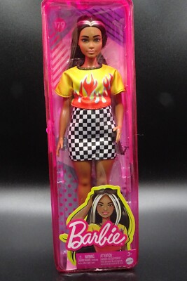 Mattel Barbie Fashionista Dark Highlight Hair Barbie Fiery Checkered Dress #179
