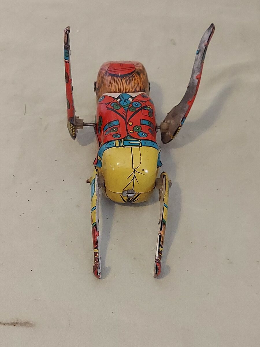 Vintage Tin Litho Flipping Walking Monkey Toy Wind Up Mid Vintage Tin Litho Flipping Walking Monkey Toy Wind Up Mid