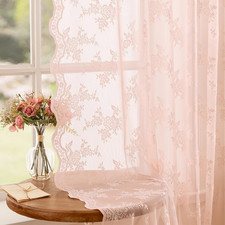 Pink Lace Curtains 63 Inch Length, Sheer Pink Curtain for Girls Room, Floral Vin