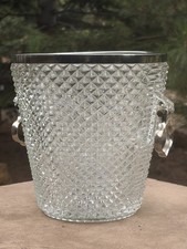Vintage Diamond Cut Glass Bar Ice Bucket with Silver Plated Rim and Handles