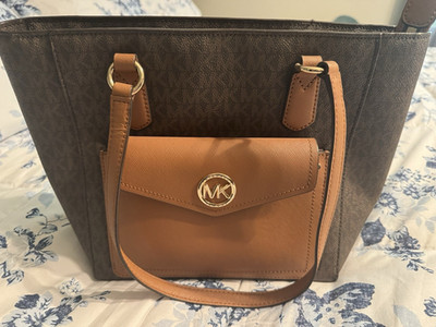 Michael Kors Large Brown Logo Tote Zip Top w/ Front Pocket Detachable Strap
