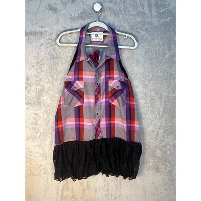 Swag Ragz Upcycled Pink Plaid Shirt XL Black Lace Trim Boho Festival Hippie