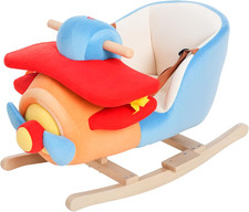 Kids Rocking Horse, Wooden Plush Ride-On Plane Chair Toy with Lullby Song and Se