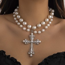 Geometric Cross Pendant Necklace with Imitation Pearl Inlay and Electroplated