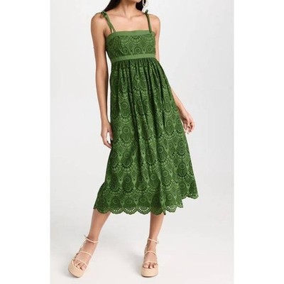 Ulla Johnson Dress Midi Eyelet Green Matilde Lichen Cotton Sleeveless Summer 