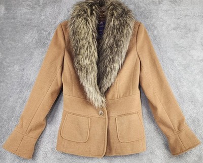 Curations Jacket Womens XS Camel Faux Fur Shawl Collar Removable 2 Button Lined