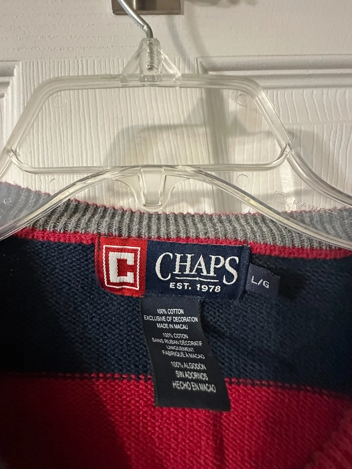 Chaps Mens Large L/G Long Sleeve Cotton Sweater Red/Black Stripes Classic Fit - Image 2 of 3