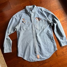 Vintage 90s Looney Tunes Blue Denim Button Up Shirt Sz Med