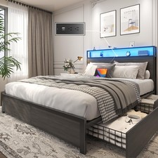 Lifezone Queen Bed Frame with 2-Tier Storage Headboard, Queen, Rustic Grey 