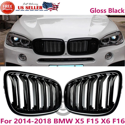 Dual Line Front Kidney Grill Grille For 2014-2018 BMW X5 F15 X6 F16 Gloss Black