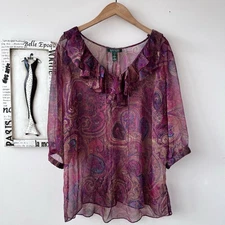Lauren Ralph Lauren Plus Size Sheer Paisley Blouse Women’s Boho Top Size 1X