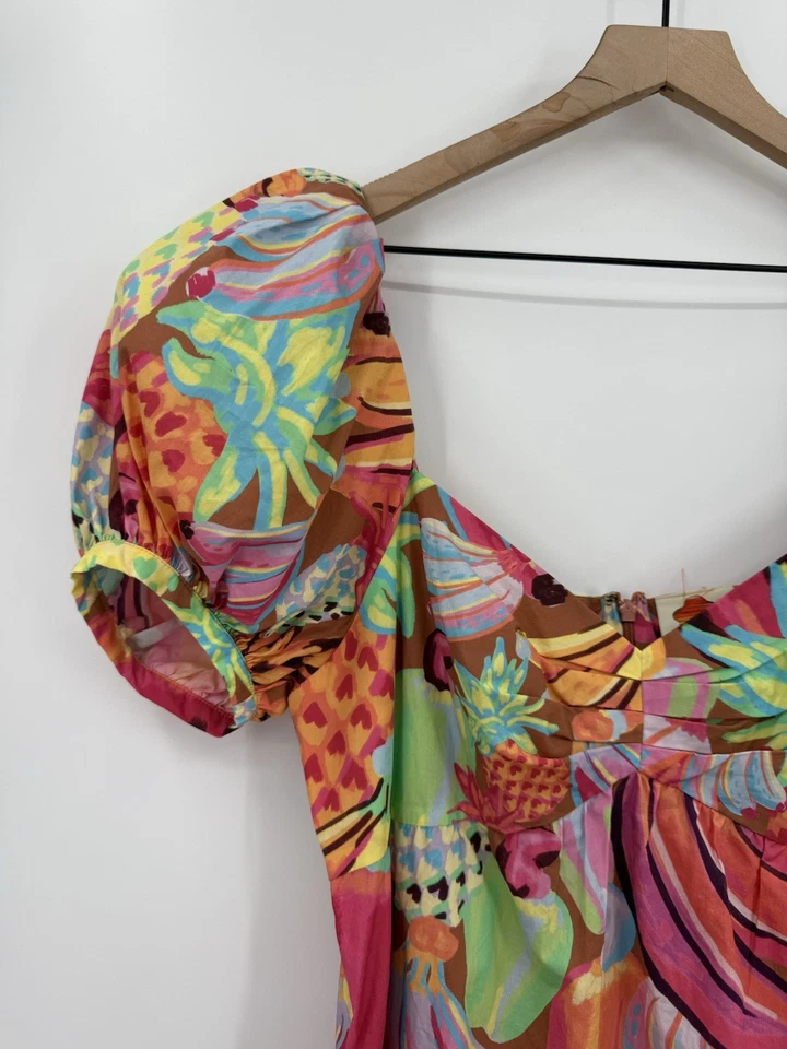 Farm Rio Dress Womens Large Yellow Pink Floral Midi Tropical Vacation Colorful - Image 2 of 4