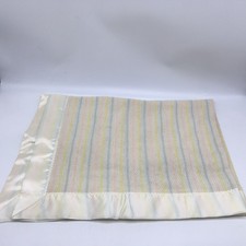 VTG Acrylic Baby Blanket White Waffle Weave Pastel Stripe W/ Satin Trim READ