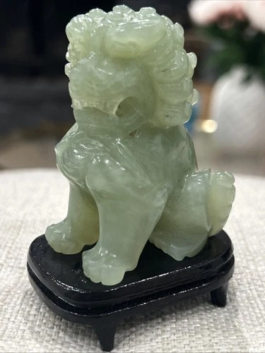 CHINESE Carved Green Jade FOO DOG Guardian Figurine Sculpture on Wood Stand