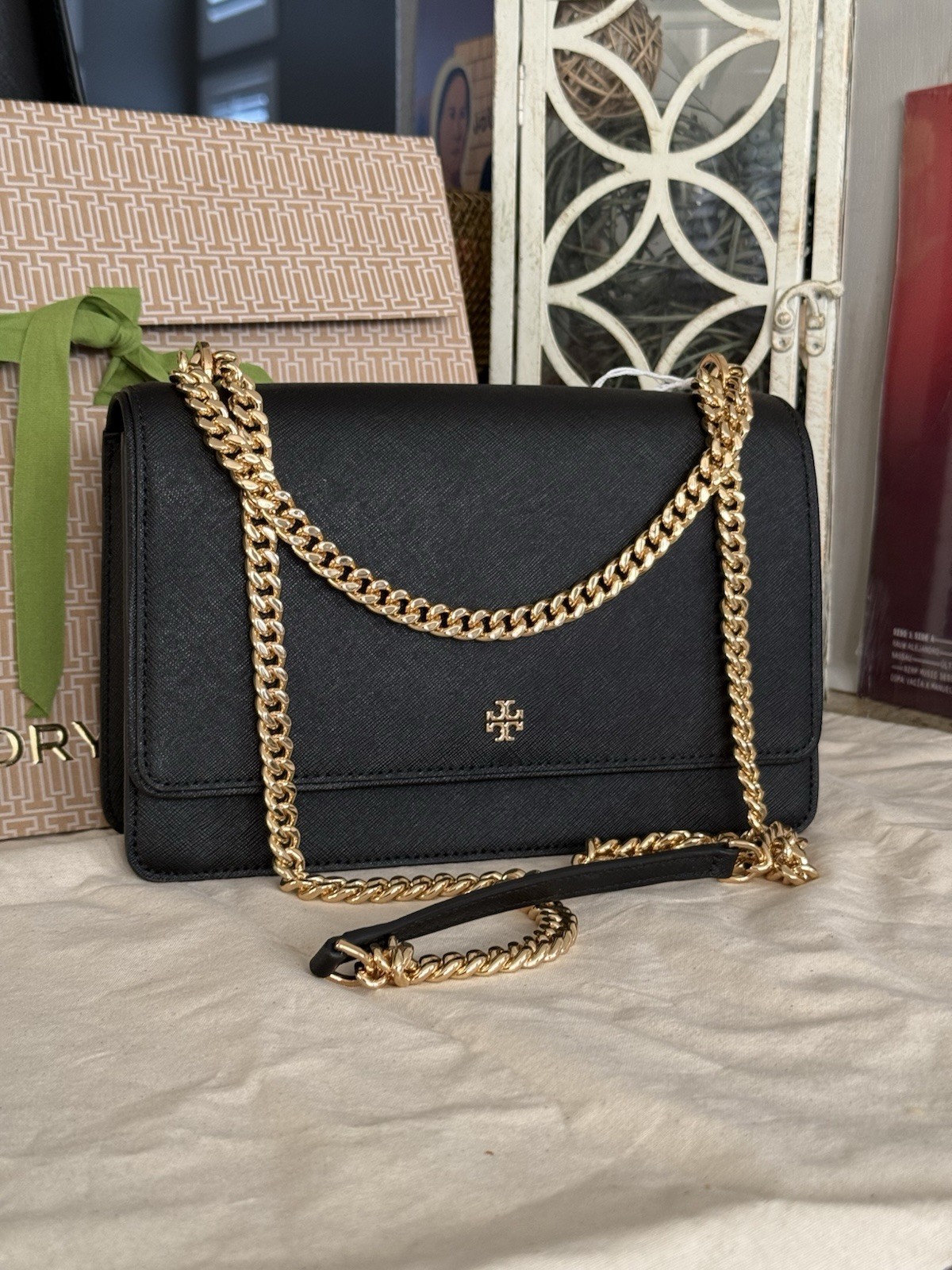 New Tory Burch Emerson Flap Adjustable Shoulder Bag Black