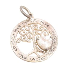 925 Sterling Silver Vintage Pendant Heart Shaped Topaz Tree Of Life  PT25364