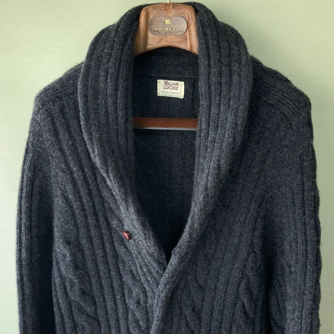 WILLIAM LOCKIE Shawl Collar Cardigan Size 40 Grey Wool Scotland