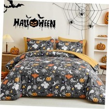 Halloween Comforter Set King Size 7 Pieces Pumpkins King 104"x90" Grey