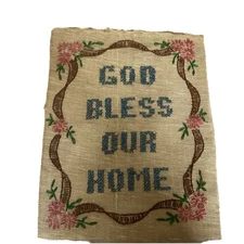 Vintage Needle Point Cross Stitch God Bless Our Home 14x11” Unframed Floral Blue