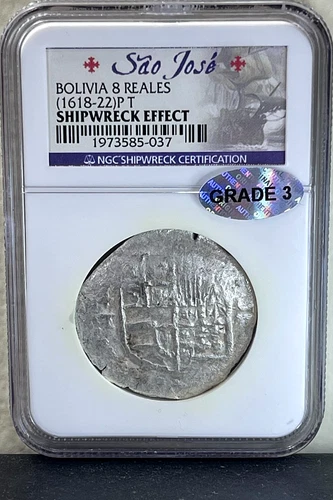 NGC Sao Jose Shipwreck Philip II 1600's Spanish Bolivia 8 Reales Silver Cob Coin