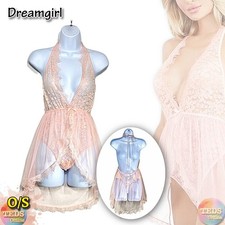 Dreamgirl O/S Women's Halter Plunge Lace Teddy 2pc Lingerie Set 11513 , Pink