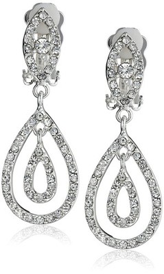 Silver Crystal Rhinestone Two Layer Teardrop Pear Shaped Dangle Clip Earrings Ti