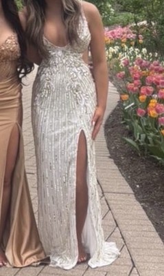 White Gold Beaded Sequin Prom Gown V-Neck Long Strappy Slit Sleeveless Formal | eBay White Gold Beaded Sequin Prom Gown V-Neck Long Strappy Slit Sleeveless Formal | eBay