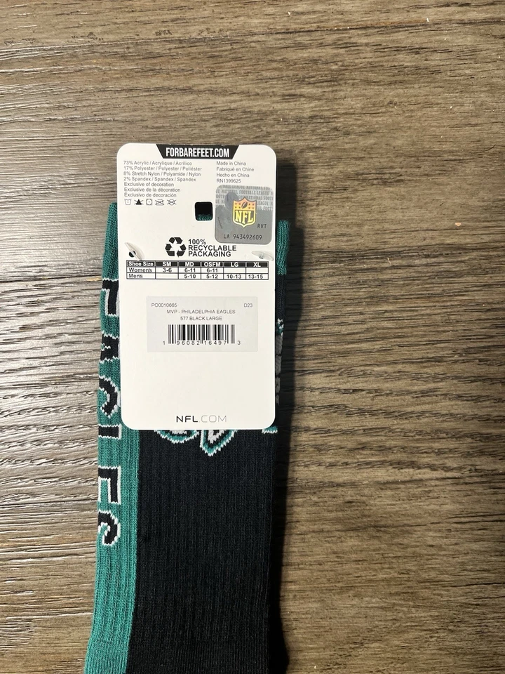 Meias NFL MVP PHILADELPHIA EAGLES PRETO/VERDE TRIPULAÇÃO TAMANHO GRANDE NOVAS - Imagem 3 de 3