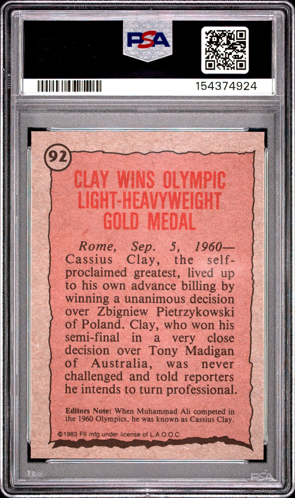 1983 TOPPS HISTORY'S GREATEST OLYMPIANS #92 CASSIUS CLAY PSA 7 view 2