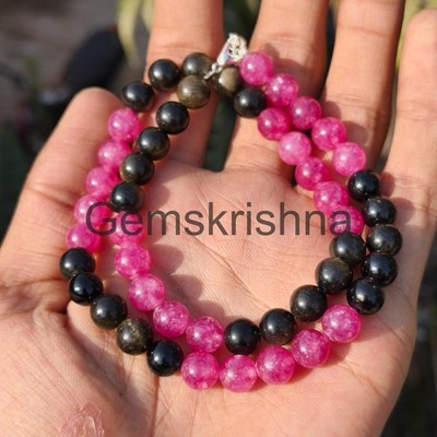 Pink Tourmaline Obsidian Necklace, 8mm Gemstone Beaded Necklace, Sterling Silver
