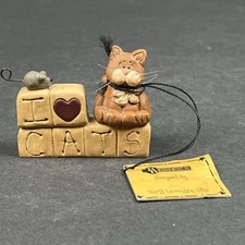 Vintage Blossom Bucket I LOVE CATS Suzi Skoglund Resin  Block Figurine  2006 Tag