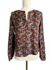 Calypso Christiane Celle Blouse Womens Small Orange Silk Floral V Neck Top